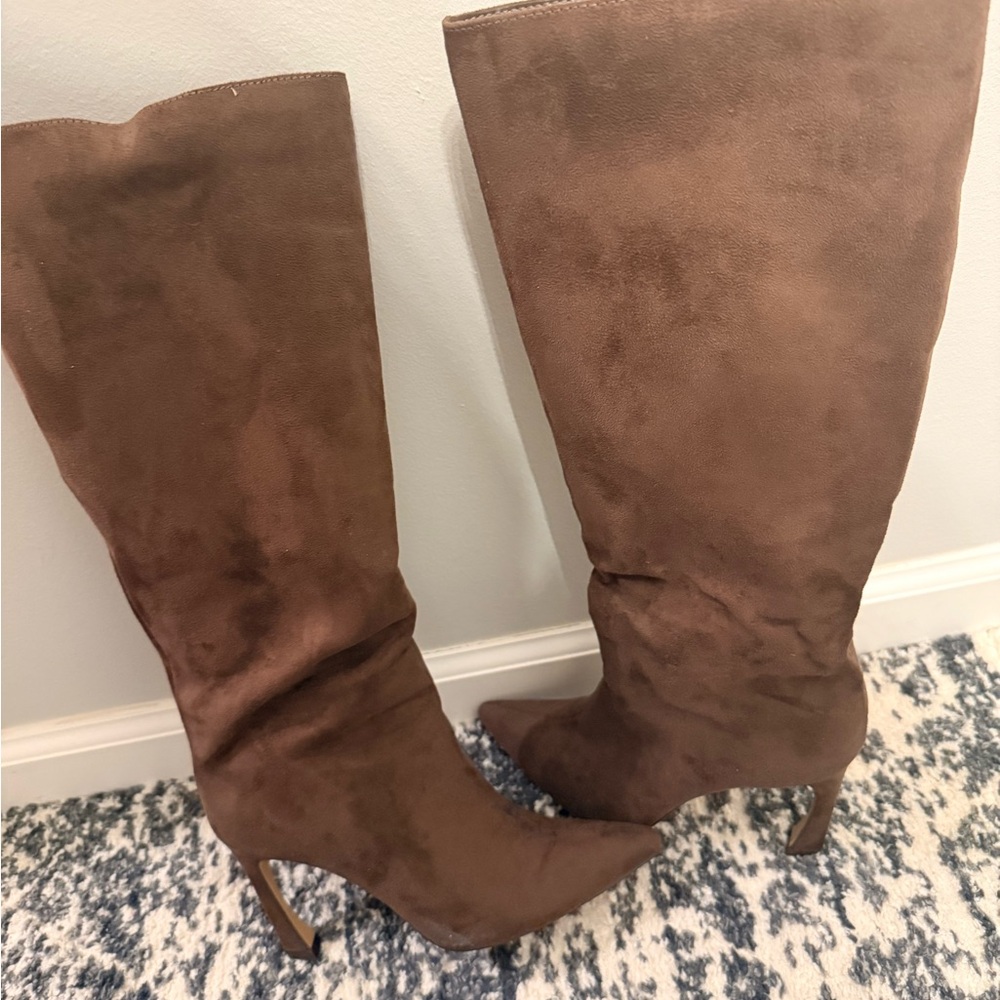 Express Brown Faux Suede Heeled Boots